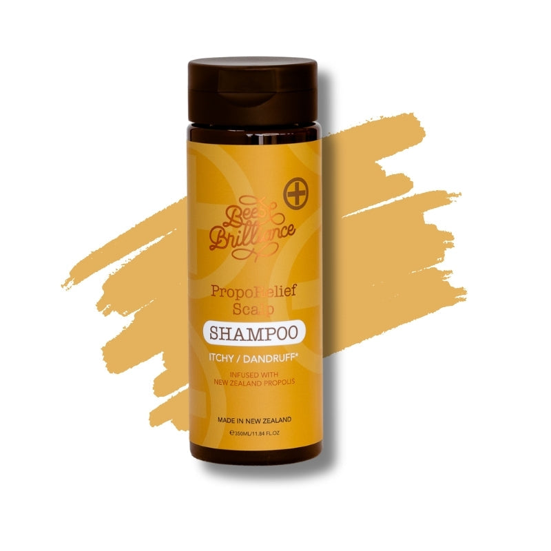 Two bottles of 'Best Brilliance' Propolis Relief Shampoo and Conditioner on a white background